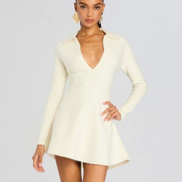 NEW SEROYA Clara Knit Mini Dress Small Eggshell $278 Cream Ribbed Knit Flared - Picture 2 of 11